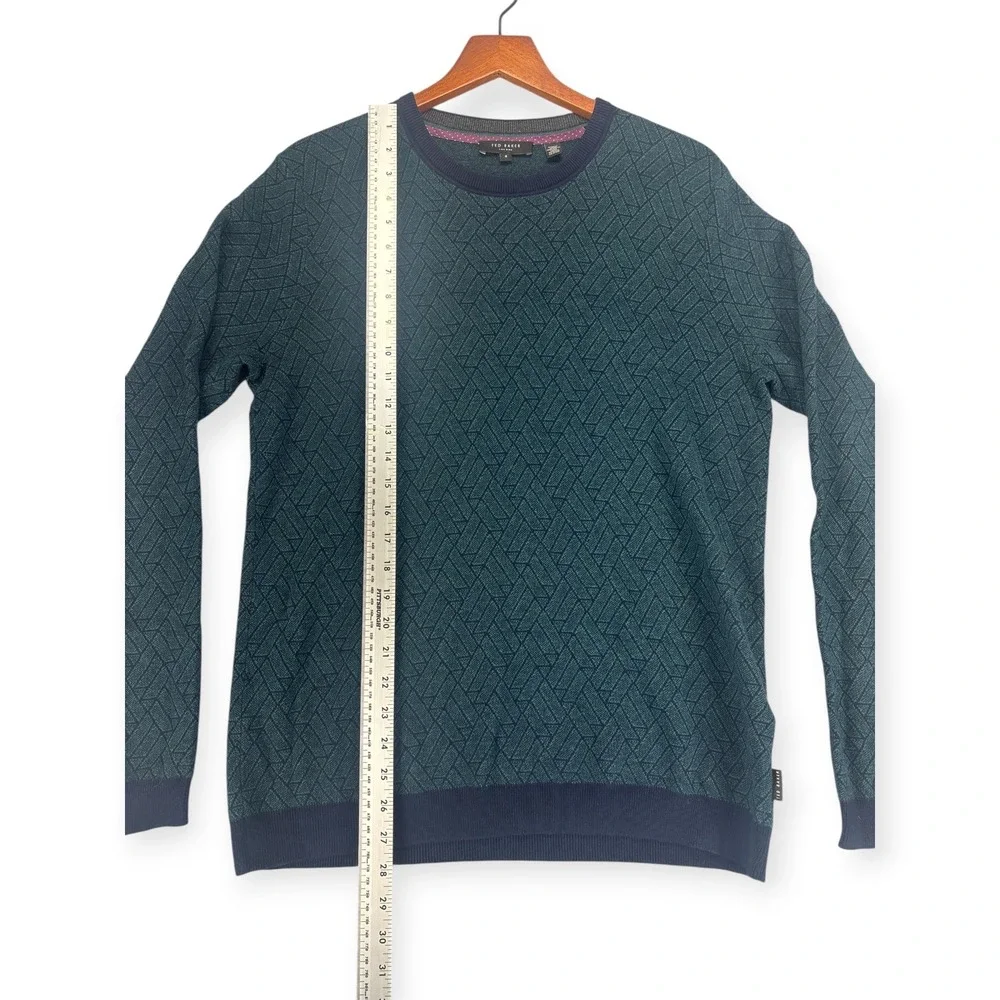 Ted Baker Mens L Sweater Cashmere Geometric Teal Navy Crewneck Academia Preppy